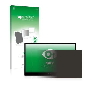 Parte frontal de un envase de producto con el logotipo de la marca upscreen. Al lado se muestra el dispositivo ViewSonic TD165