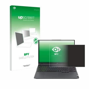 Parte frontal de un envase de producto con el logotipo de la marca upscreen. Al lado se muestra el dispositivo Lenovo Legion 5