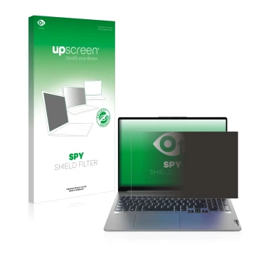 Parte frontal de un envase de producto con el logotipo de la marca upscreen. Al lado se muestra el dispositivo Lenovo IdeaPad 