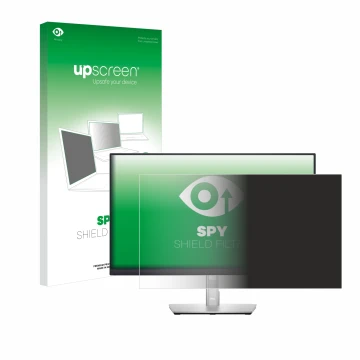 Parte frontal de un envase de producto con el logotipo de la marca upscreen. Al lado se muestra el dispositivo Dell P2422H con