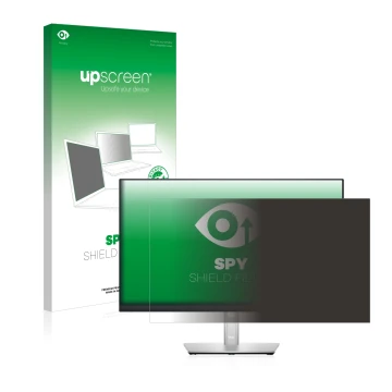 Parte frontal de un envase de producto con el logotipo de la marca upscreen. Al lado se muestra el dispositivo Dell P2422HE co