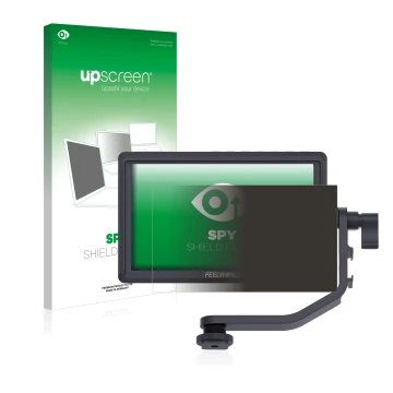 Parte frontal de un envase de producto con el logotipo de la marca upscreen. Al lado se muestra el dispositivo Feelworld FW568