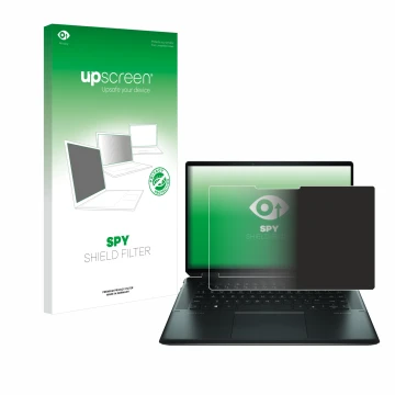Parte frontal de un envase de producto con el logotipo de la marca upscreen. Al lado se muestra el dispositivo HP Spectre x360