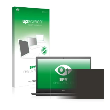 Parte frontal de un envase de producto con el logotipo de la marca upscreen. Al lado se muestra el dispositivo Dell Latitude 3