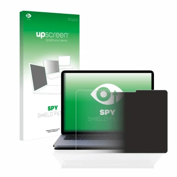 Parte frontal de un envase de producto con el logotipo de la marca upscreen. Al lado se muestra el dispositivo Microsoft Surfa