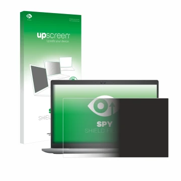 Parte frontal de un envase de producto con el logotipo de la marca upscreen. Al lado se muestra el dispositivo Dell Latitude 5