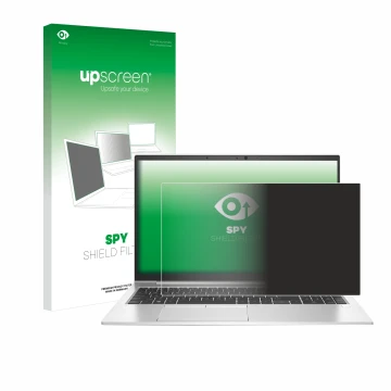 Parte frontal de un envase de producto con el logotipo de la marca upscreen. Al lado se muestra el dispositivo HP EliteBook 85