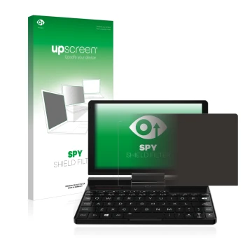 Parte frontal de un envase de producto con el logotipo de la marca upscreen. Al lado se muestra el dispositivo GPD Pocket 3 co