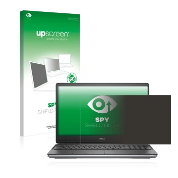 Parte frontal de un envase de producto con el logotipo de la marca upscreen. Al lado se muestra el dispositivo Dell Precision 