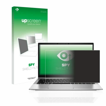 Parte frontal de un envase de producto con el logotipo de la marca upscreen. Al lado se muestra el dispositivo HP EliteBook 84
