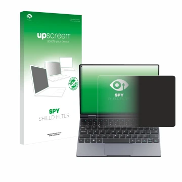 Parte frontal de un envase de producto con el logotipo de la marca upscreen. Al lado se muestra el dispositivo Chuwi MiniBook 