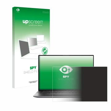 Parte frontal de un envase de producto con el logotipo de la marca upscreen. Al lado se muestra el dispositivo Dell Precision 