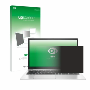 Parte frontal de un envase de producto con el logotipo de la marca upscreen. Al lado se muestra el dispositivo HP EliteBook 85