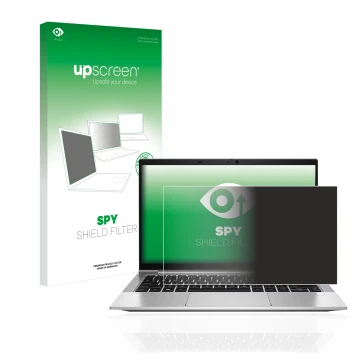 Parte frontal de un envase de producto con el logotipo de la marca upscreen. Al lado se muestra el dispositivo HP EliteBook 83