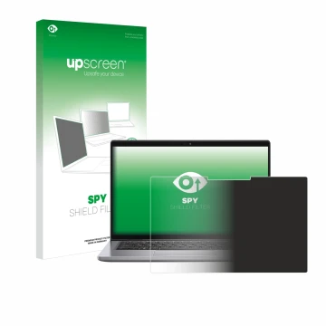Parte frontal de un envase de producto con el logotipo de la marca upscreen. Al lado se muestra el dispositivo Dell Latitude 7