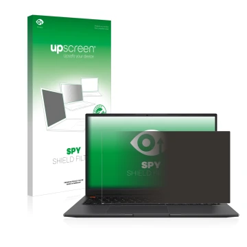 Parte frontal de un envase de producto con el logotipo de la marca upscreen. Al lado se muestra el dispositivo ASUS VivoBook S