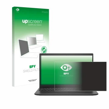 Parte frontal de un envase de producto con el logotipo de la marca upscreen. Al lado se muestra el dispositivo Dell Latitude 3