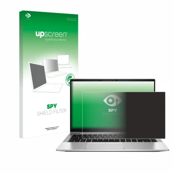 Parte frontal de un envase de producto con el logotipo de la marca upscreen. Al lado se muestra el dispositivo HP EliteBook 84