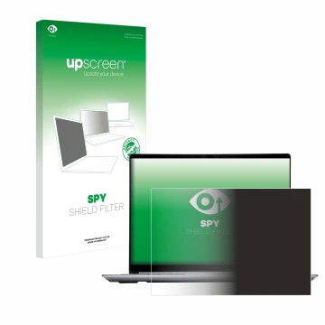 Parte frontal de un envase de producto con el logotipo de la marca upscreen. Al lado se muestra el dispositivo Framework Lapto
