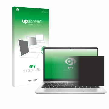 Parte frontal de un envase de producto con el logotipo de la marca upscreen. Al lado se muestra el dispositivo HP EliteBook 64