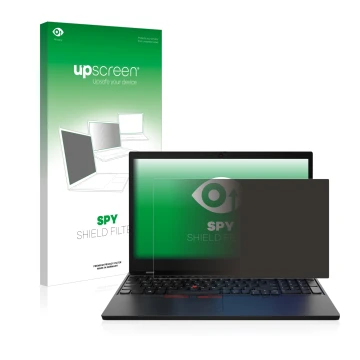 Parte frontal de un envase de producto con el logotipo de la marca upscreen. Al lado se muestra el dispositivo Lenovo ThinkPad