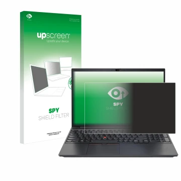 Parte frontal de un envase de producto con el logotipo de la marca upscreen. Al lado se muestra el dispositivo Lenovo ThinkPad