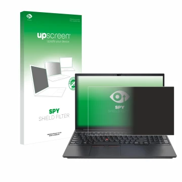 Parte frontal de un envase de producto con el logotipo de la marca upscreen. Al lado se muestra el dispositivo Lenovo ThinkPad