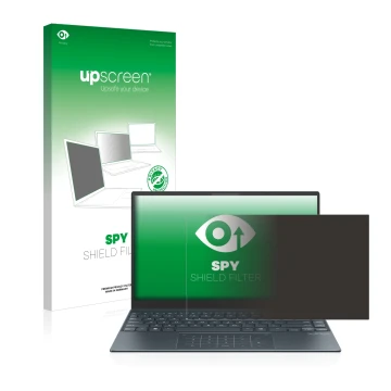 Parte frontal de un envase de producto con el logotipo de la marca upscreen. Al lado se muestra el dispositivo ASUS ZenBook 13