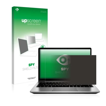Parte frontal de un envase de producto con el logotipo de la marca upscreen. Al lado se muestra el dispositivo HP ProBook 640 