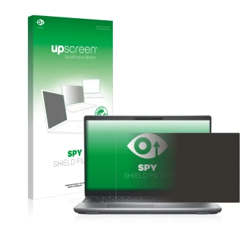 Parte frontal de un envase de producto con el logotipo de la marca upscreen. Al lado se muestra el dispositivo Dell Latitude 5