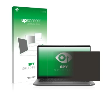 Parte frontal de un envase de producto con el logotipo de la marca upscreen. Al lado se muestra el dispositivo Dell Latitude 1