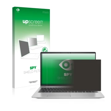 Parte frontal de un envase de producto con el logotipo de la marca upscreen. Al lado se muestra el dispositivo HP ProBook 650 