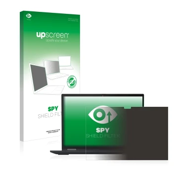 Parte frontal de un envase de producto con el logotipo de la marca upscreen. Al lado se muestra el dispositivo Lenovo ThinkPad