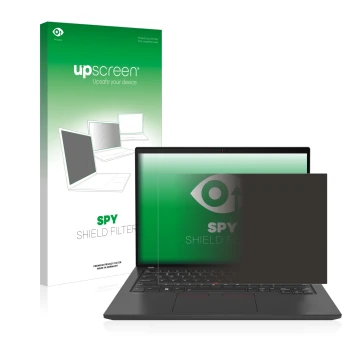 Parte frontal de un envase de producto con el logotipo de la marca upscreen. Al lado se muestra el dispositivo Lenovo ThinkPad