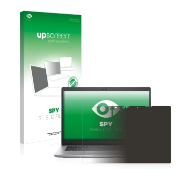 Parte frontal de un envase de producto con el logotipo de la marca upscreen. Al lado se muestra el dispositivo Dell Latitude 5