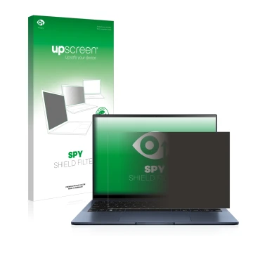 Parte frontal de un envase de producto con el logotipo de la marca upscreen. Al lado se muestra el dispositivo ASUS ZenBook S1