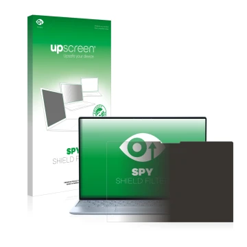 Parte frontal de un envase de producto con el logotipo de la marca upscreen. Al lado se muestra el dispositivo Dell XPS 13 931