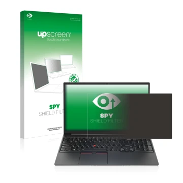 Parte frontal de un envase de producto con el logotipo de la marca upscreen. Al lado se muestra el dispositivo Lenovo ThinkPad