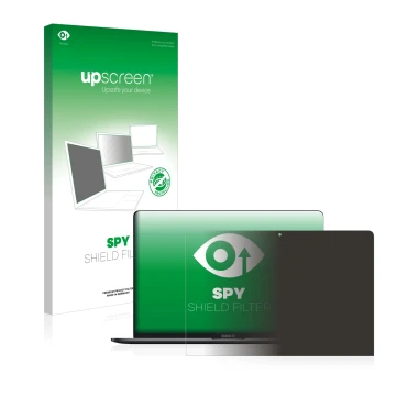 Parte frontal de un envase de producto con el logotipo de la marca upscreen. Al lado se muestra el dispositivo Apple MacBook P
