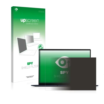 Parte frontal de un envase de producto con el logotipo de la marca upscreen. Al lado se muestra el dispositivo ASUS ZenBook 14