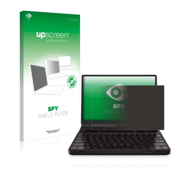 Parte frontal de un envase de producto con el logotipo de la marca upscreen. Al lado se muestra el dispositivo GPD Win Max 2 c