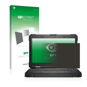 Parte frontal de un envase de producto con el logotipo de la marca upscreen. Al lado se muestra el dispositivo Dell Latitude 5
