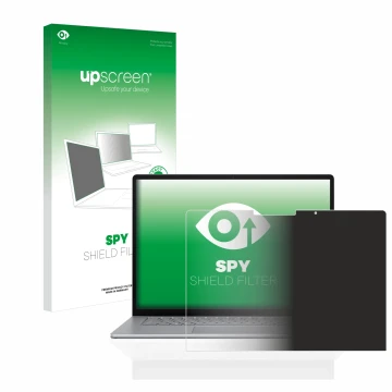 Parte frontal de un envase de producto con el logotipo de la marca upscreen. Al lado se muestra el dispositivo Microsoft Surfa