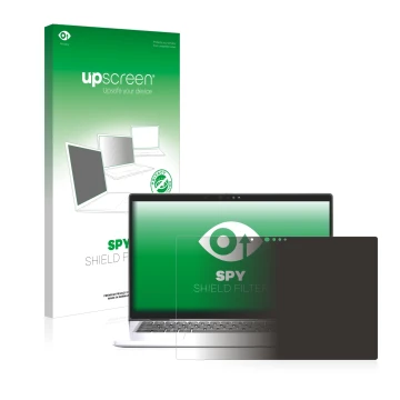 Parte frontal de un envase de producto con el logotipo de la marca upscreen. Al lado se muestra el dispositivo Dell Latitude 7