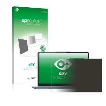 Parte frontal de un envase de producto con el logotipo de la marca upscreen. Al lado se muestra el dispositivo Lenovo IdeaPad 