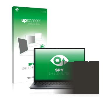 Parte frontal de un envase de producto con el logotipo de la marca upscreen. Al lado se muestra el dispositivo Dell Latitude 9