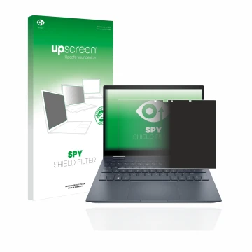Parte frontal de un envase de producto con el logotipo de la marca upscreen. Al lado se muestra el dispositivo HP Envy x360 13