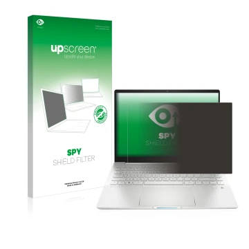 Parte frontal de un envase de producto con el logotipo de la marca upscreen. Al lado se muestra el dispositivo HP Pavilion Plu
