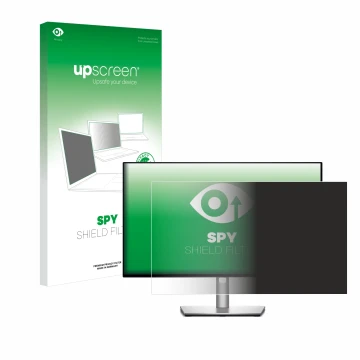 Parte frontal de un envase de producto con el logotipo de la marca upscreen. Al lado se muestra el dispositivo Dell Ultrasharp