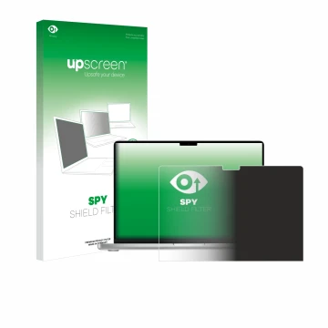 Parte frontal de un envase de producto con el logotipo de la marca upscreen. Al lado se muestra el dispositivo Apple MacBook P